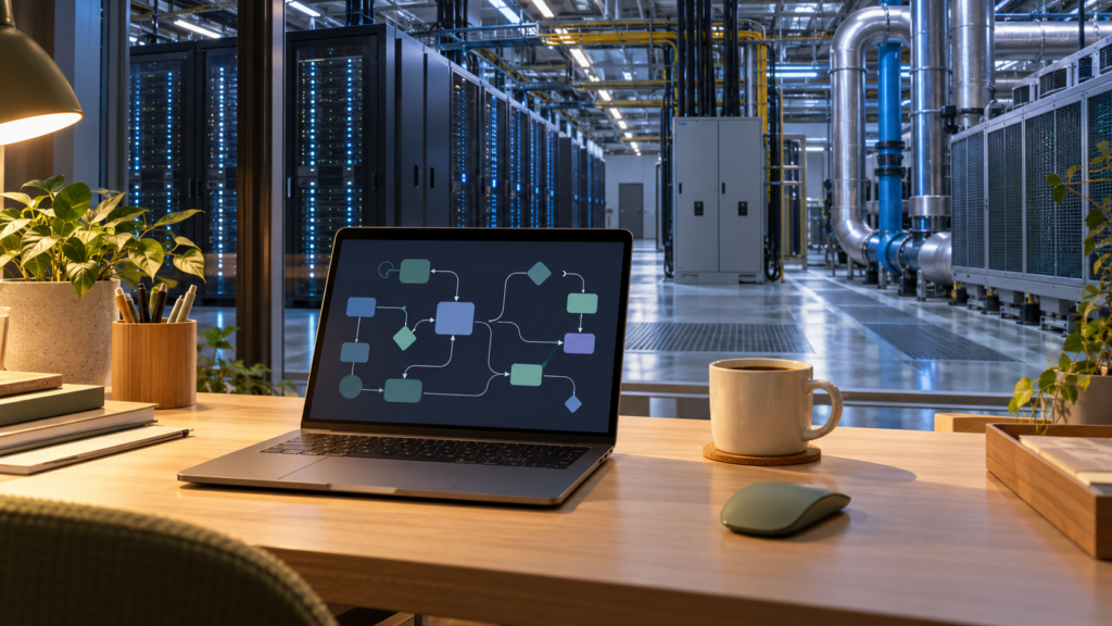 業務AIの処理フローを表示したノートPCと、電源・冷却設備のあるデータセンターを描いた生成イメージ