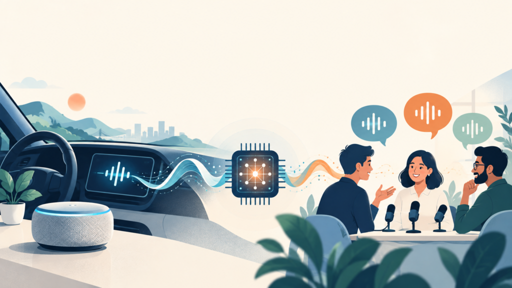 音声波形と音声対応機器、AIチップ、多人数会議を描いたテックニュースのイラスト