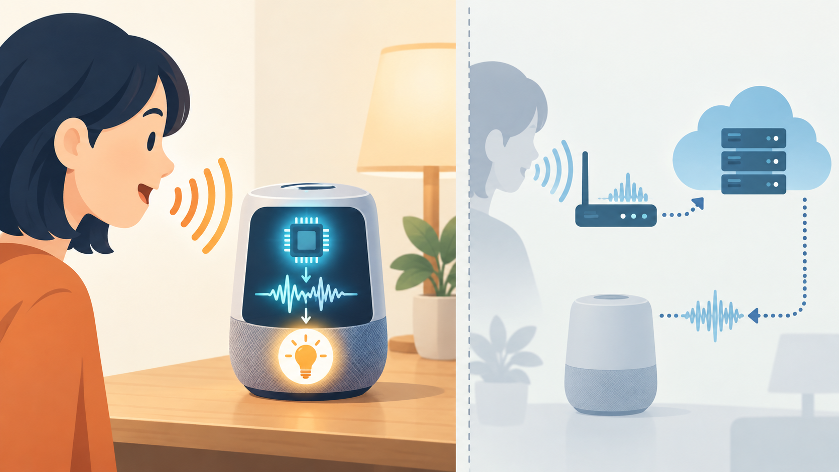 端末内で音声AIを処理する流れとクラウドを経由する流れを示した概念図