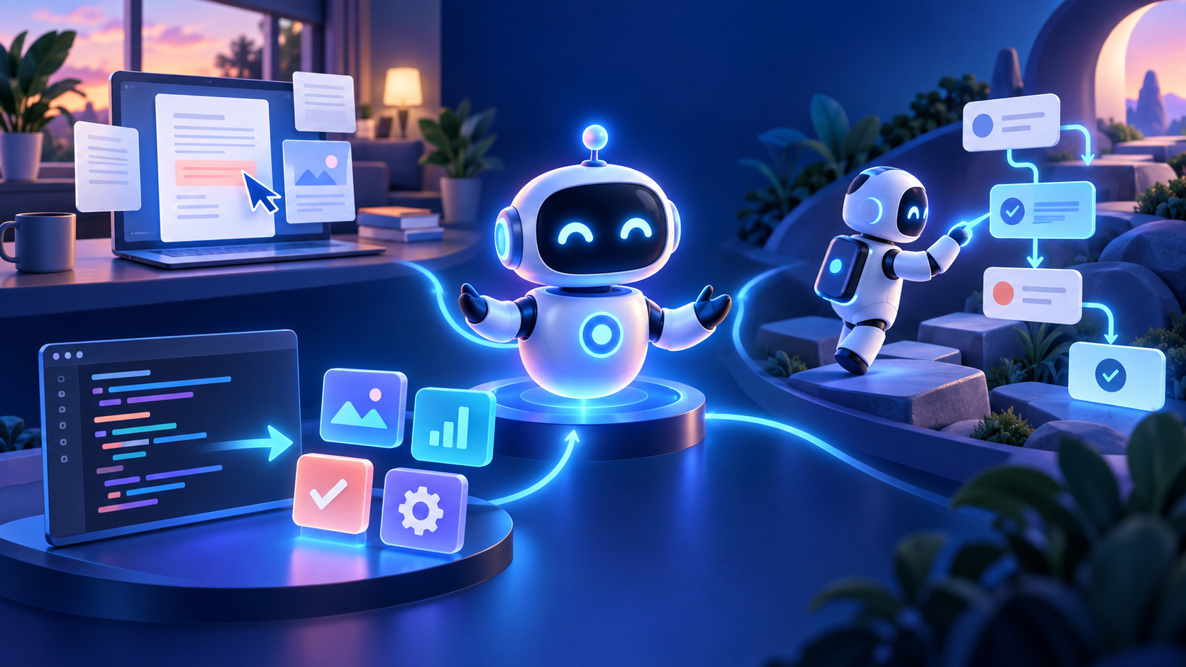 AIアシスタントを中心に、文書ダッシュボード、コード画面、タスクフローを描いたイラスト