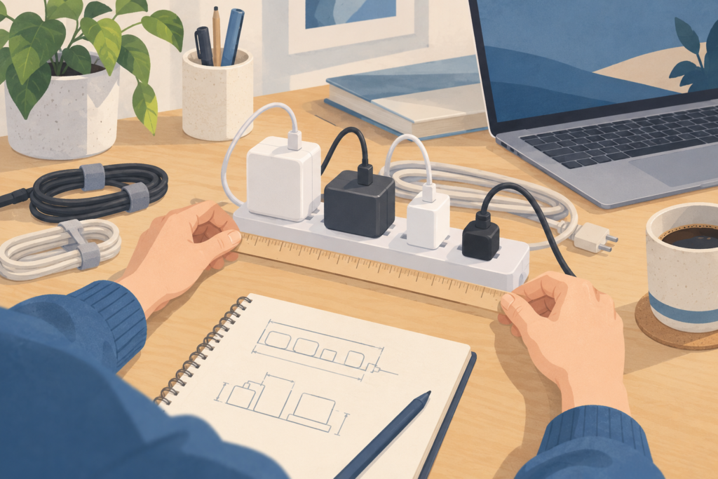 机の上でACアダプターを挿した電源タップを定規で測る手元のイラスト