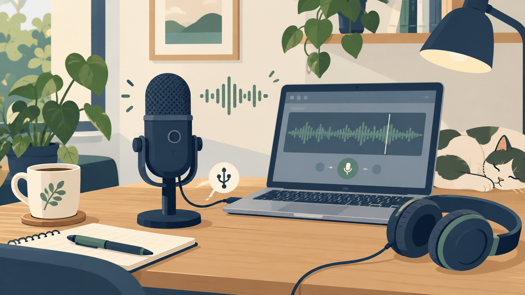 卓上マイクとノートパソコン、ヘッドホンを置いた音声配信用デスクのイラスト