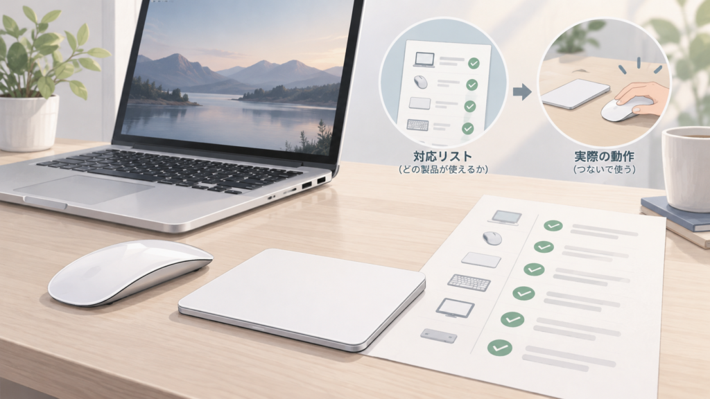 マウスと外付けトラックパッド、ノートPC、互換性の確認表を描いた説明用イメージ