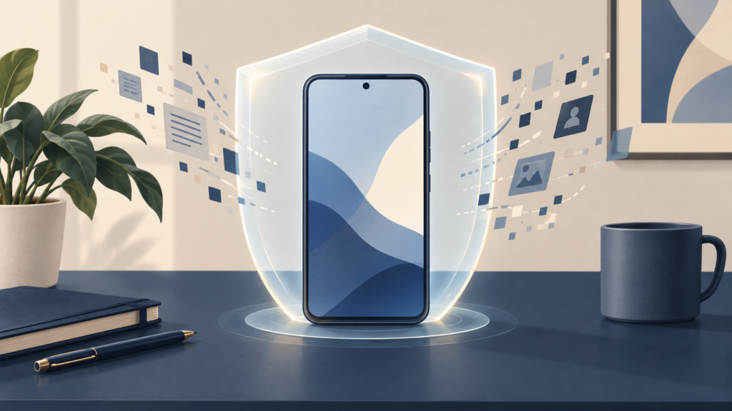 一般的なスマートフォンを透明な盾が囲む生成イメージ。実際の感染画面やApple公式画像ではありません。