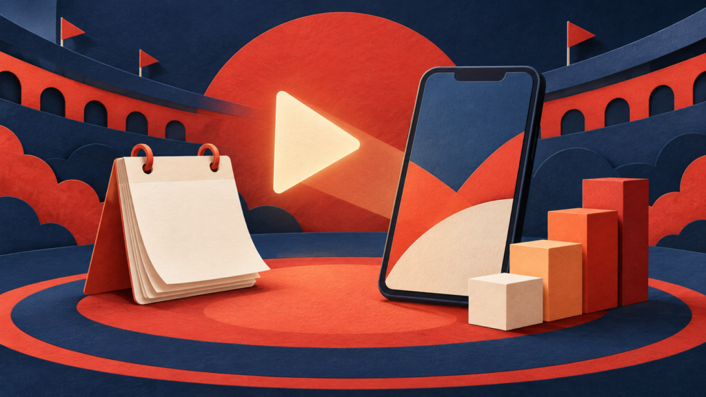 スマートフォンとカレンダー、動画視聴と育成を表す図形を描いた概念イラスト