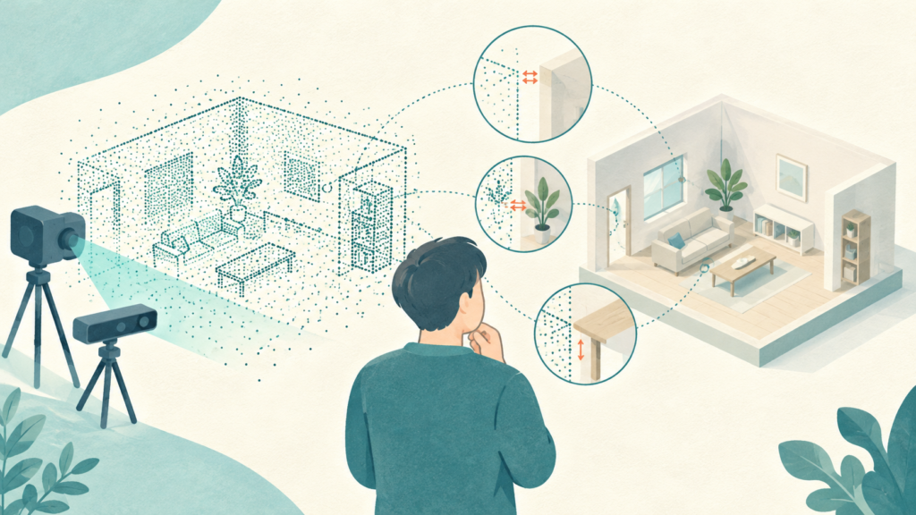 カメラと点群センサーの観測図を仮想の室内模型と並べ、人が差分を確認する概念イラスト