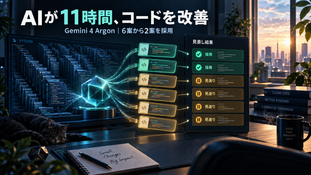 夜通しのAIコード改善で6案を提案し、人間のレビューで2案を採用、4案を見送る様子を描いた概念イラスト