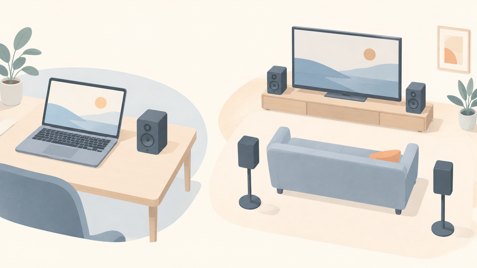 ノートPCと小型スピーカー、テレビの前後に置いた2組のスピーカーを描いたAI生成の概念イラスト。実製品写真ではありません