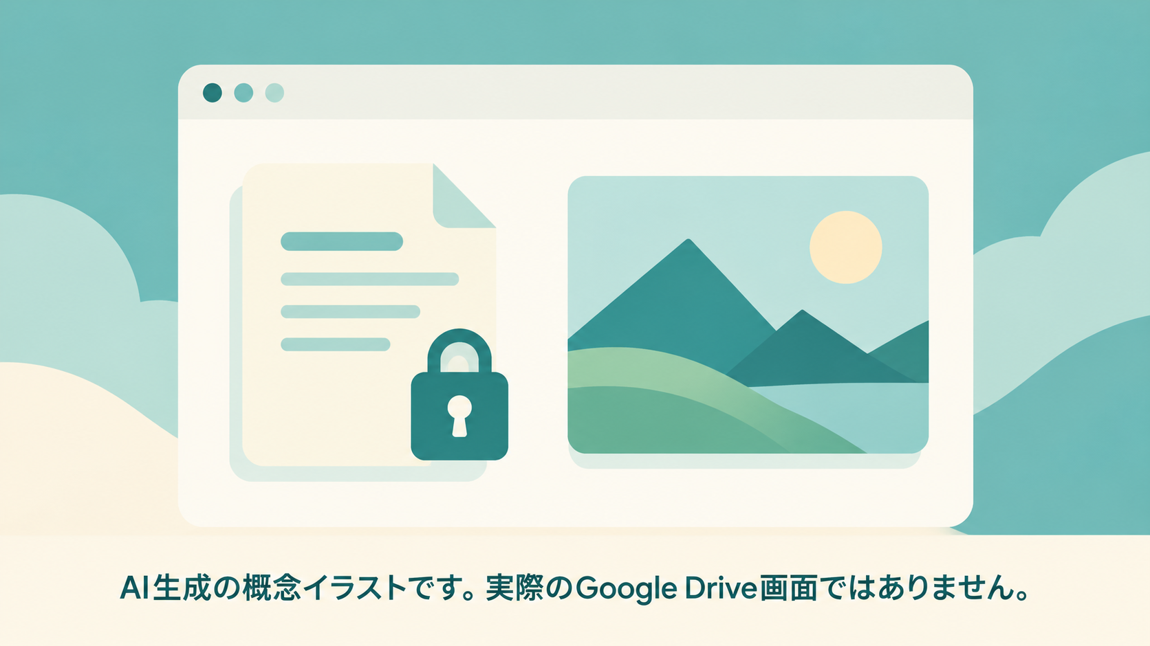 ブラウザー枠に鍵付き文書と風景画像のカードを配置した暗号化ファイル閲覧の概念イラスト