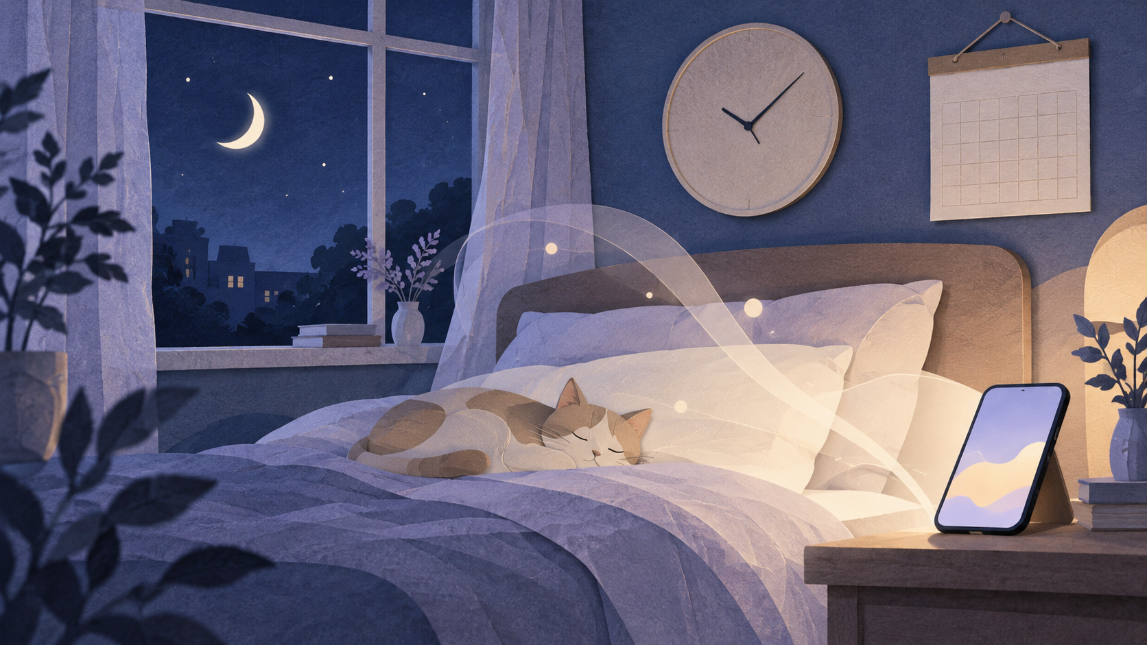 月のある寝室でスマートフォンと時計、カレンダーが睡眠計測を表す概念イラスト