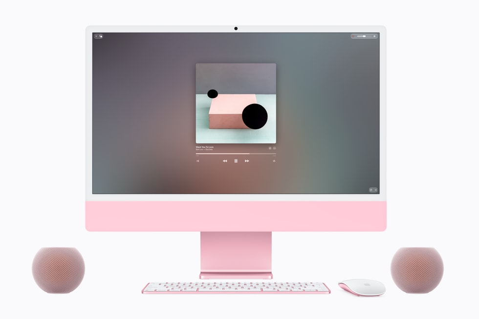 ピンクのiMacの左右に同色のHomePod mini 2を1台ずつ置いたApple公式のMac接続例