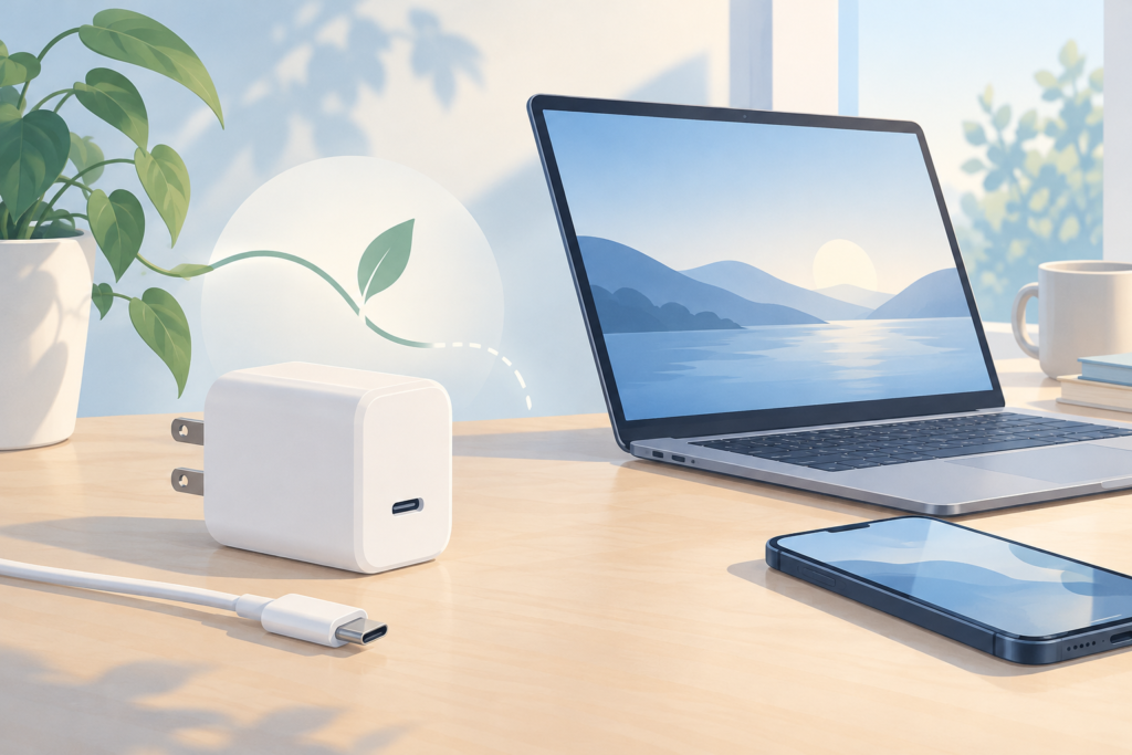 USB-C充電器と外したケーブル、ノートPC・スマートフォンを描いた生成イメージ