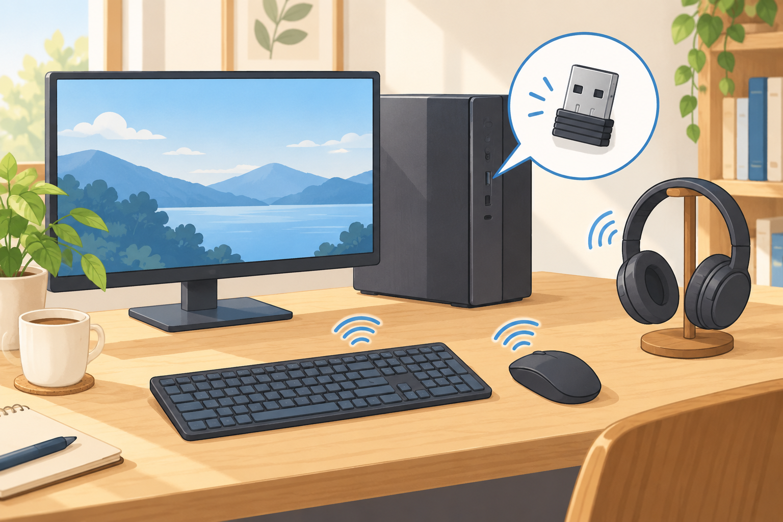デスクトップPCとキーボード、マウス、ヘッドホン、USBアダプターの無線接続を描いたイラスト