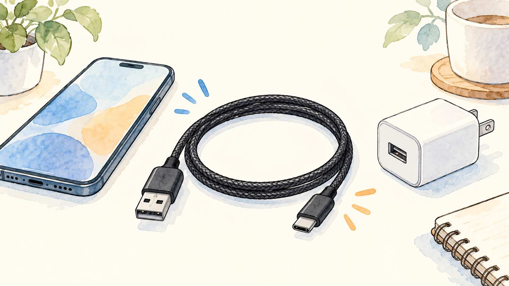 USB-AとUSB-Cの端子を持つ黒いケーブル、スマートフォン、充電器のイラスト