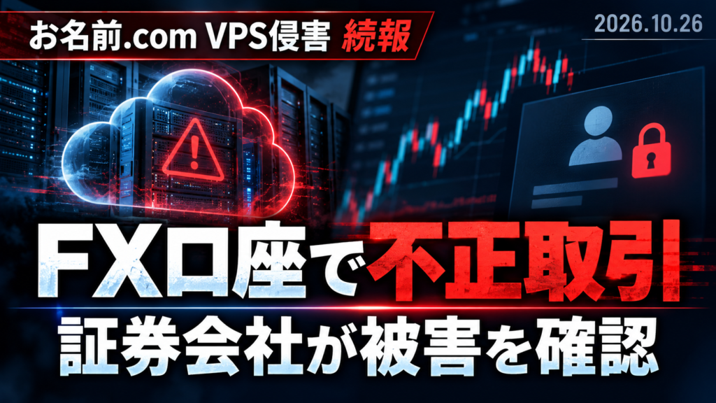 お名前.com デスクトップクラウドへの不正アクセス続報。FX取引口座で不正取引が確認されたことを伝える、サーバー・取引チャート・警告アイコンのニュース用イメージ画像。