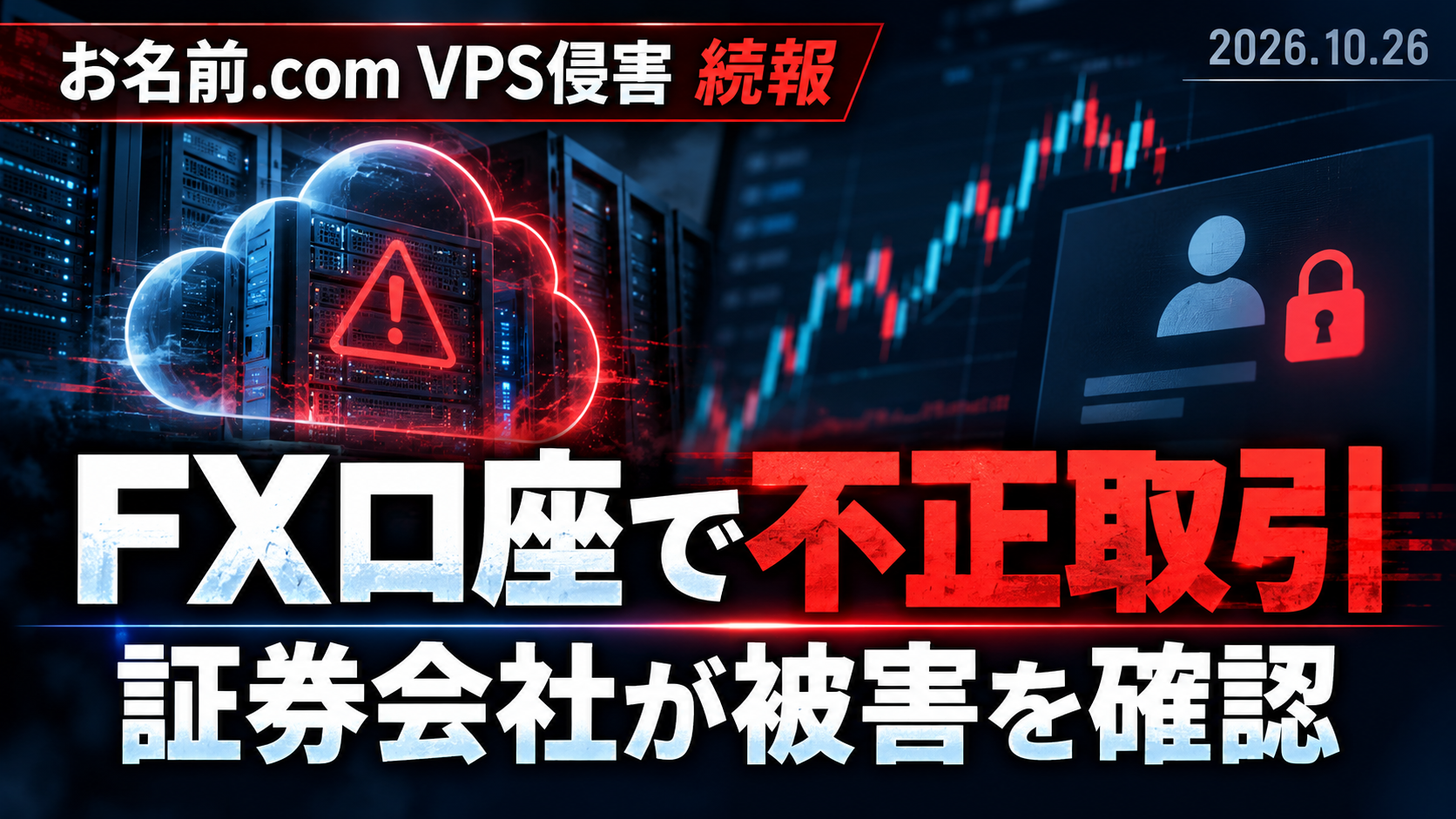 お名前.com デスクトップクラウドへの不正アクセス続報。FX取引口座で不正取引が確認されたことを伝える、サーバー・取引チャート・警告アイコンのニュース用イメージ画像。