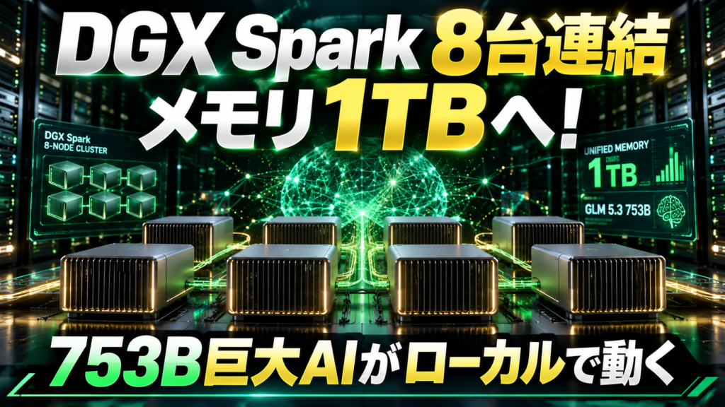 DGX Sparkを8台連結して合計1TBの統合メモリと753B巨大AIモデルのローカル実行を説明した日本語アイキャッチ