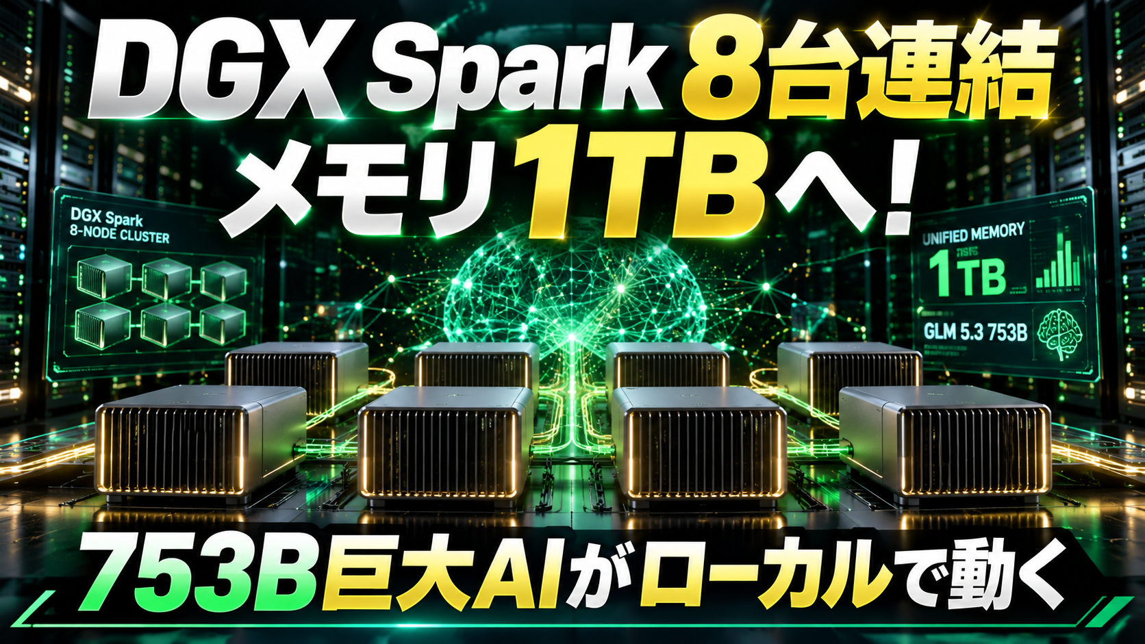 DGX Sparkを8台連結して合計1TBの統合メモリと753B巨大AIモデルのローカル実行を説明した日本語アイキャッチ