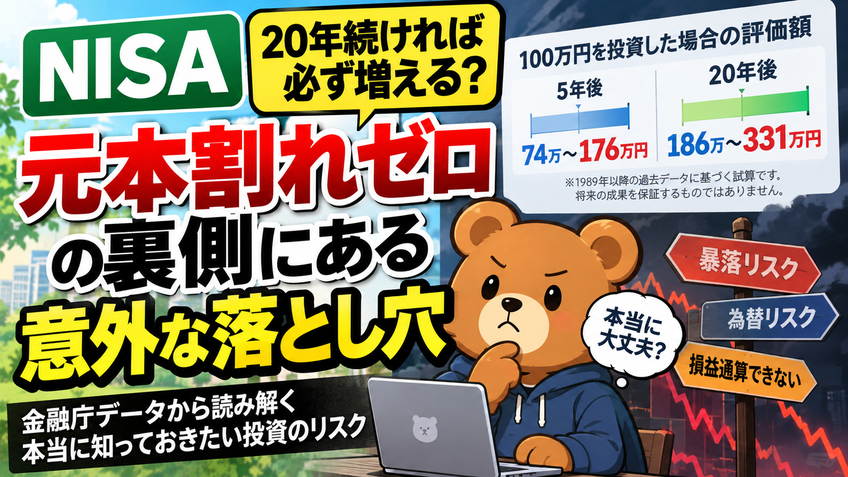 NISAは20年続ければ必ず増えるのか。金融庁の5年・20年の過去データと元本割れ、暴落リスクを解説するアイキャッチ画像