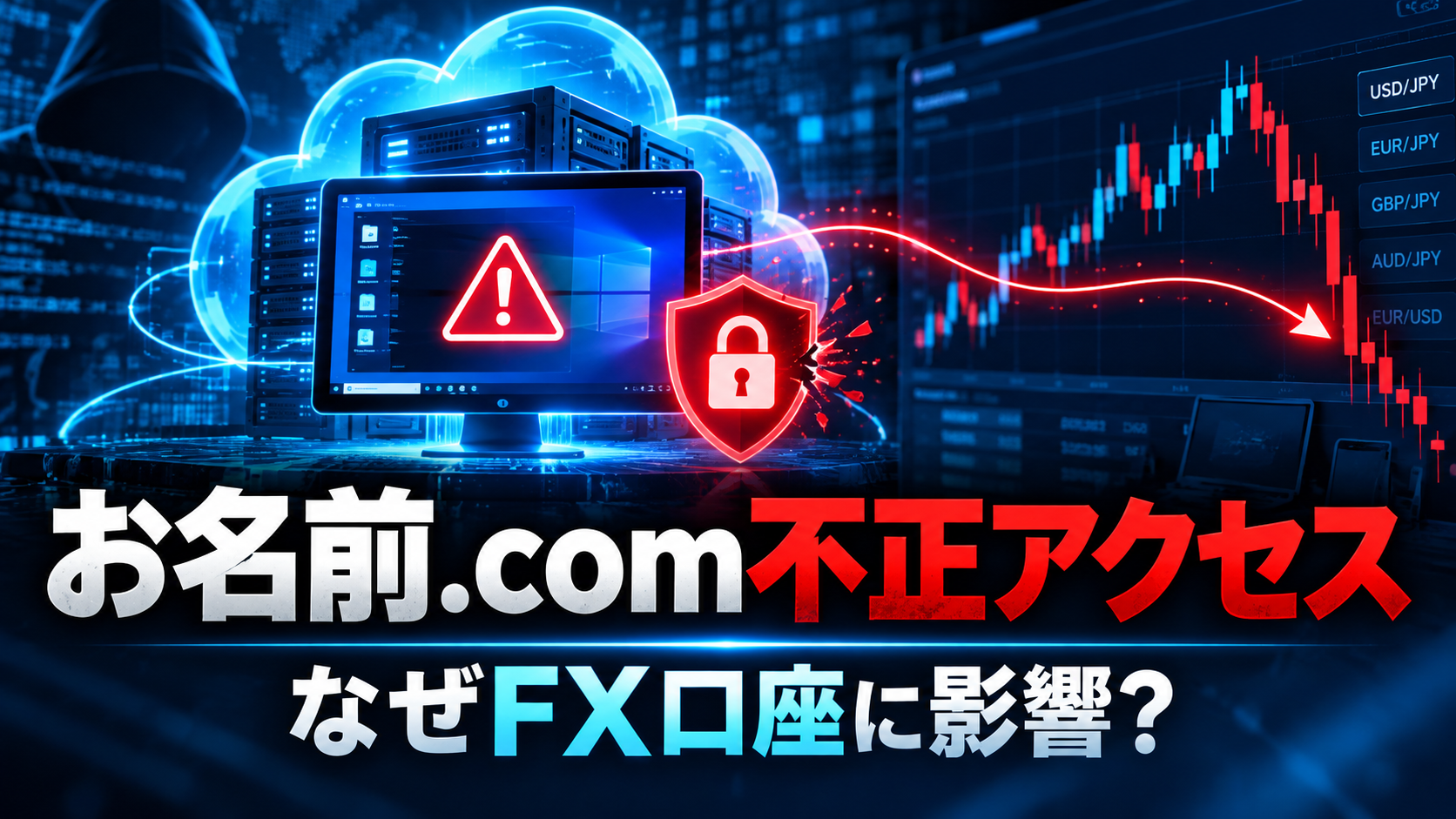 お名前.com デスクトップクラウドの不正アクセスとFX取引口座への影響をイメージした記事アイキャッチ。クラウドサーバーと警告マーク、為替チャートを描いた画像