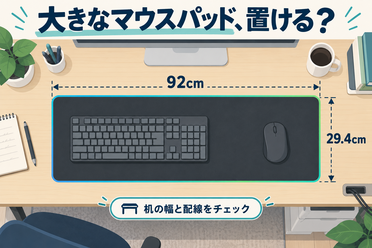 幅92cm・奥行き29.4cmのマウスパッドにキーボードとマウスを置いた机の配置図