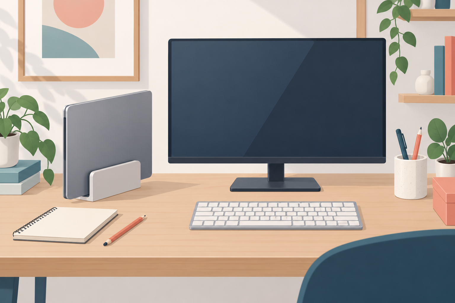 閉じたノートPCを縦に収納し、モニター、キーボード、ノートを置いた机のイラスト