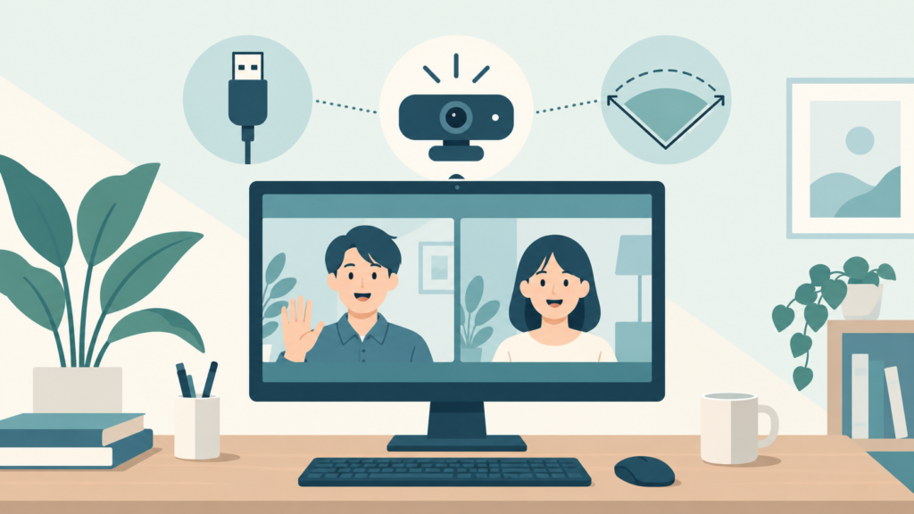 オンライン会議の画面とUSB-A端子、カメラ、広い画角を表すイラスト