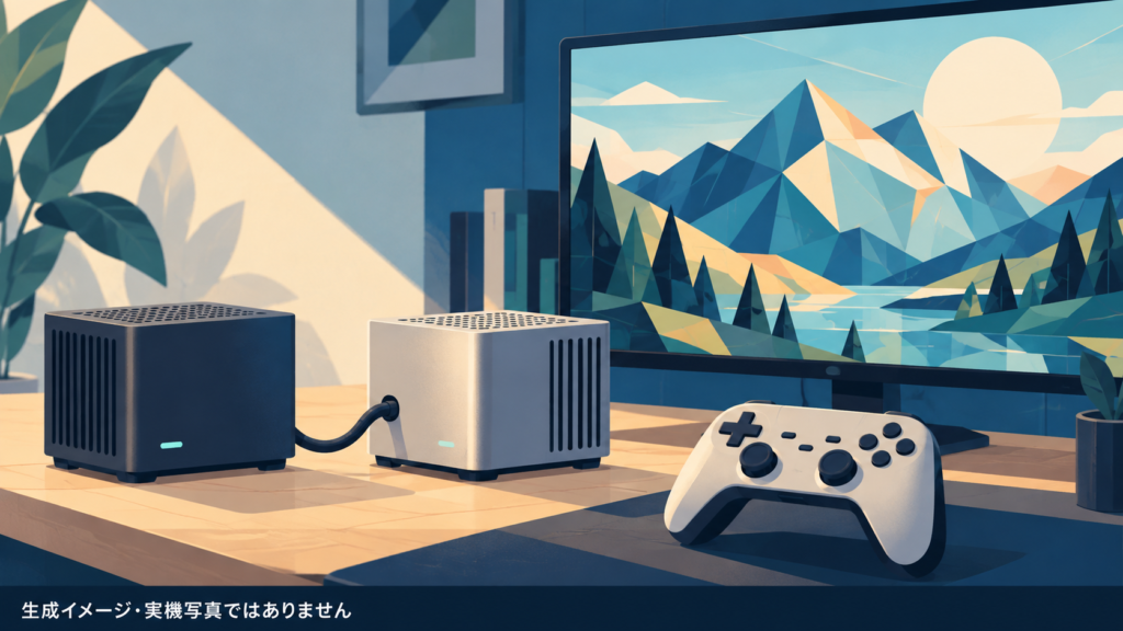 ケーブルで接続した2台の小型AI計算機と、風景を表示する画面・ゲームコントローラーを描いた概念イラスト。実機写真や実際のゲーム画面ではありません。