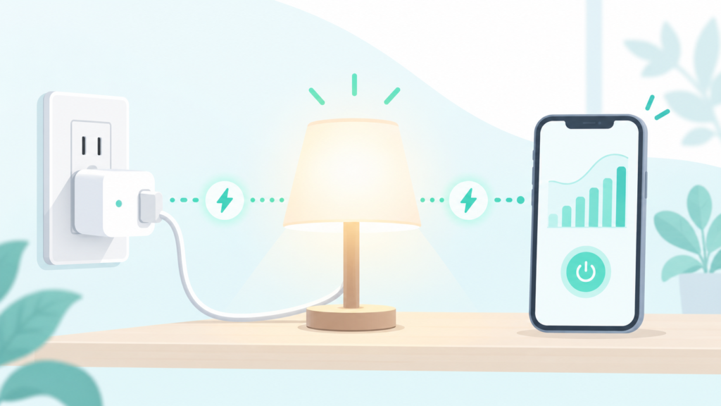 壁のスマートプラグ、卓上ランプ、電力グラフを表示するスマートフォンのイラスト