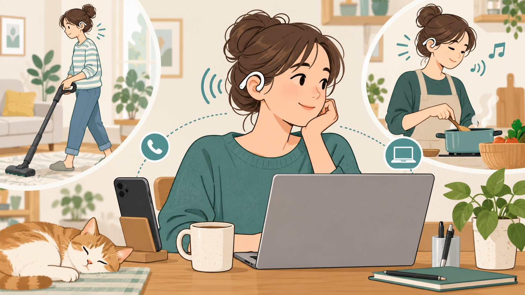 耳掛け型イヤホンを着けた女性がパソコン作業、掃除、料理をするイラスト