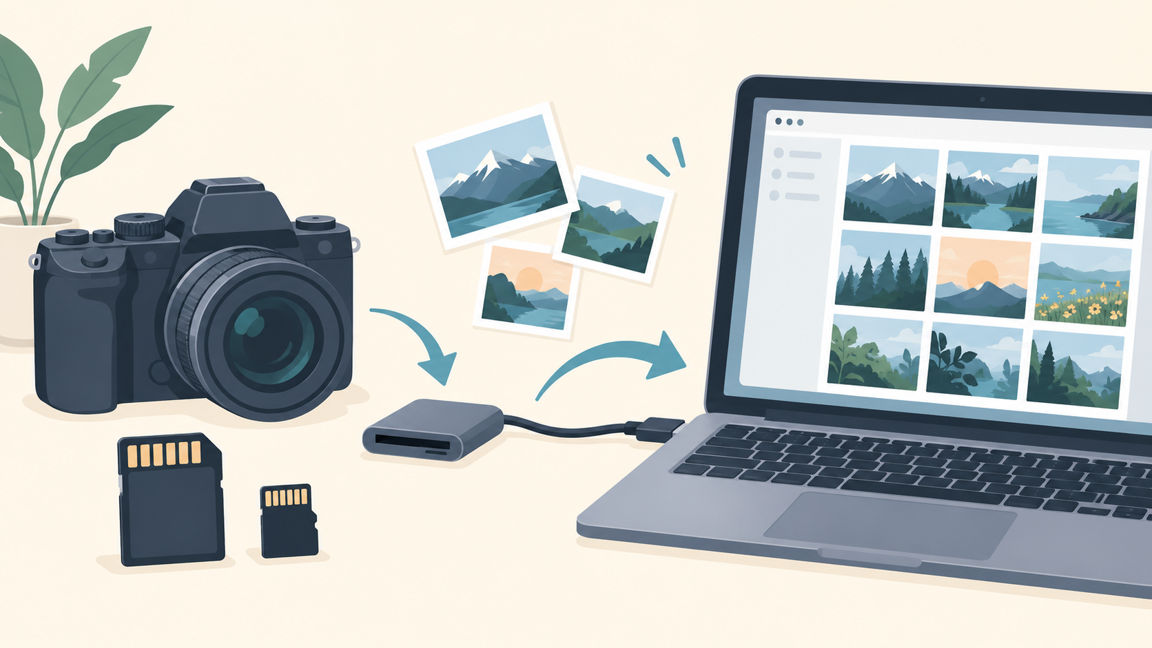カメラ、SDカードとmicroSDカード、カードリーダーを経由して写真をノートPCへ取り込むイラスト