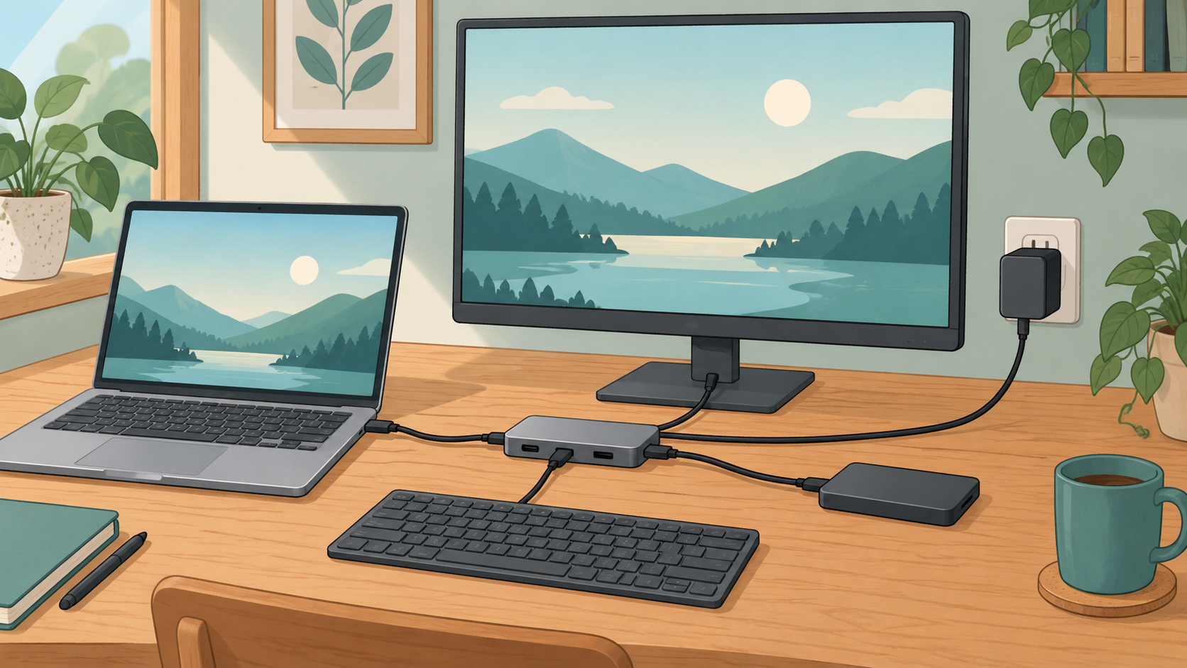 ノートPCをUSB-Cハブでモニター、キーボード、外付けSSDと充電器につなぐ机のイラスト