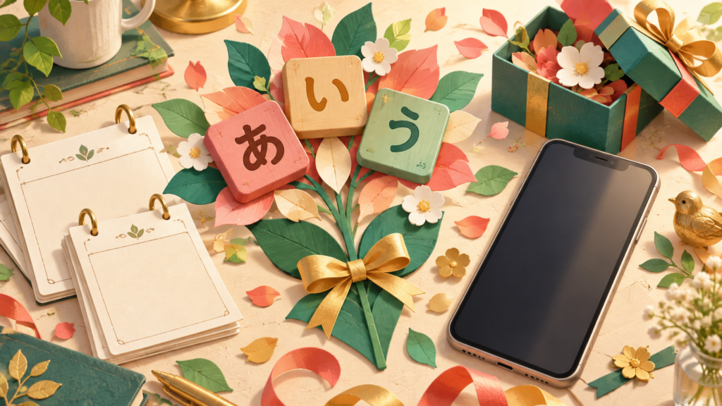 かな文字の木製タイルと花、スマートフォンで表現した周年祝いのイメージ