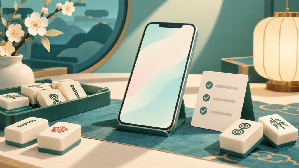 スマートフォンと麻雀牌、登録チェックリストを描いたイメージ画像