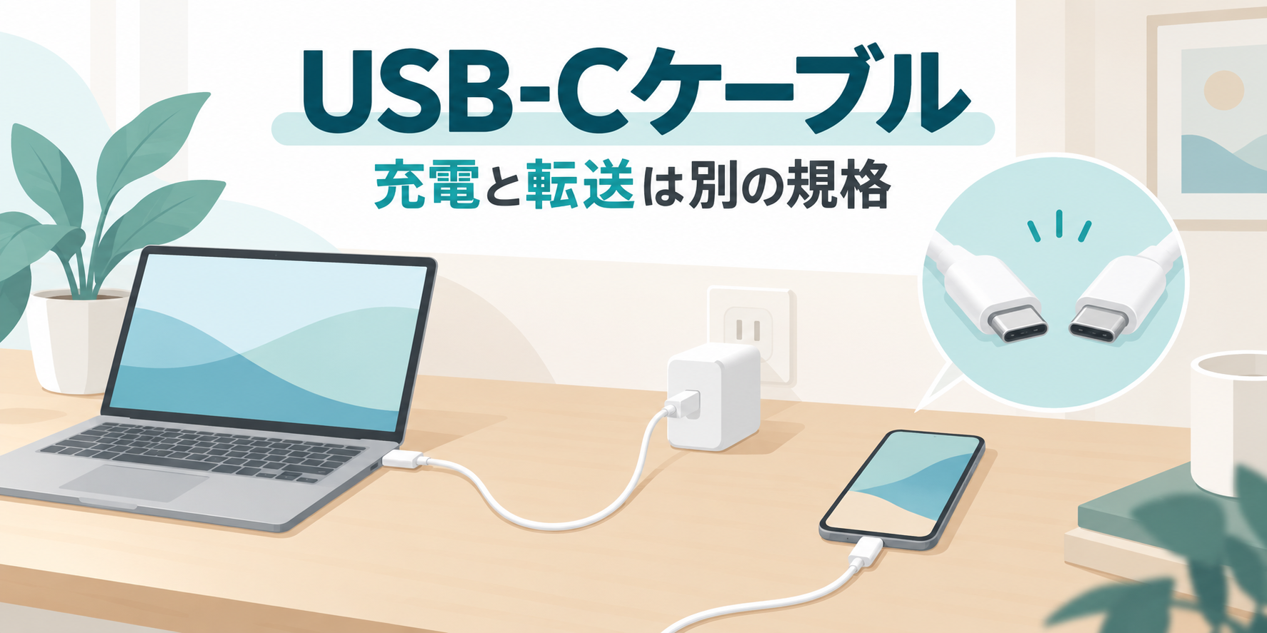 USB-CケーブルでノートPCを充電する机と、スマートフォン、両端のUSB-C端子のイラスト