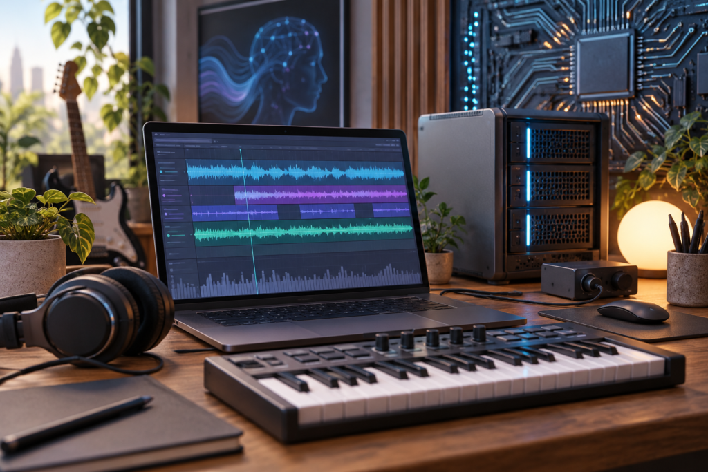音楽制作ソフトを表すノートPCとMIDIキーボード、AI計算基盤を表すサーバーの概念画像