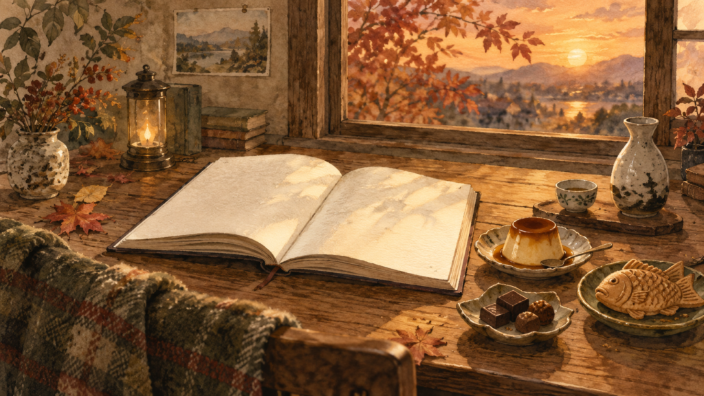 秋の窓辺で開いた本と、おやつ・チョコレート・日本酒を楽しむ読書のイラスト