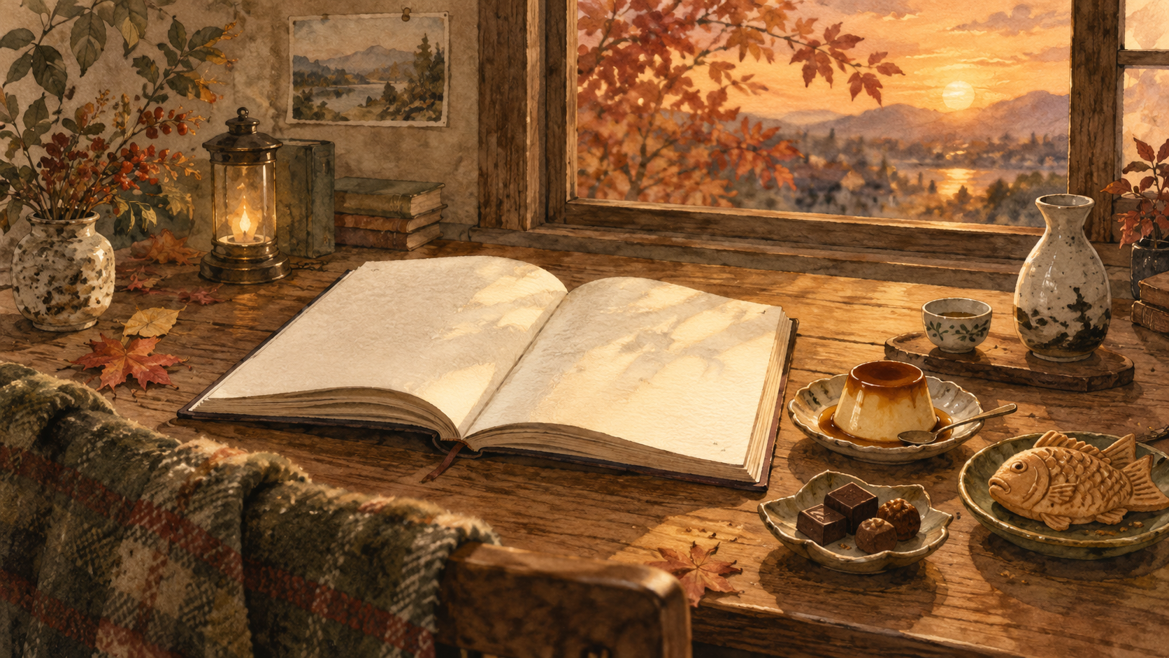 秋の窓辺で開いた本と、おやつ・チョコレート・日本酒を楽しむ読書のイラスト