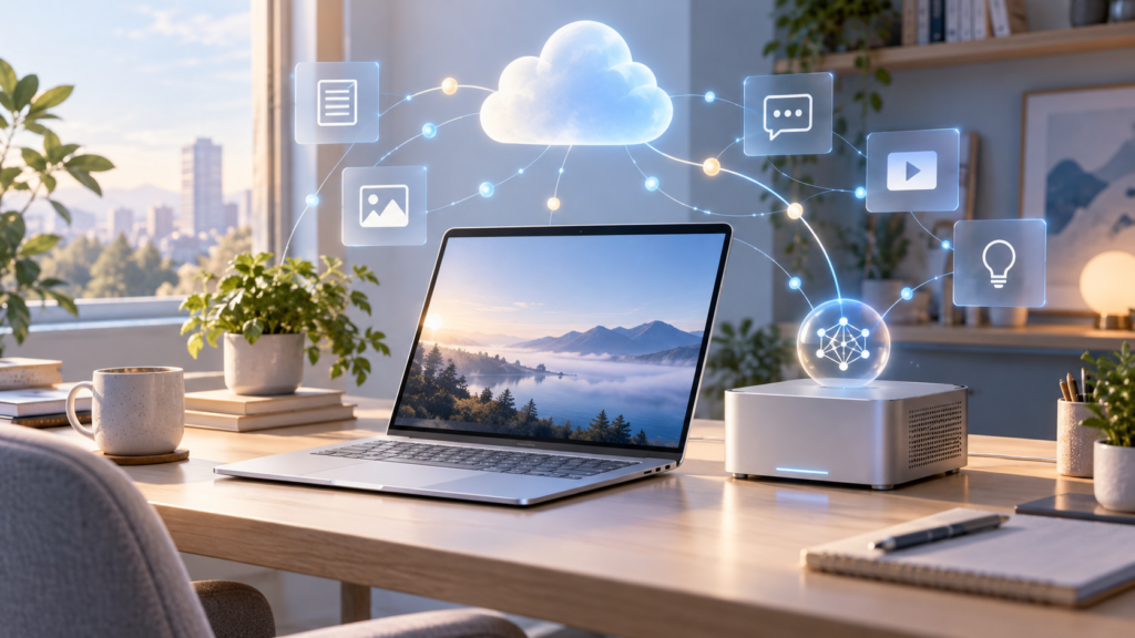 机上のノートPCと小型PC、クラウドのネットワークを表した概念画像