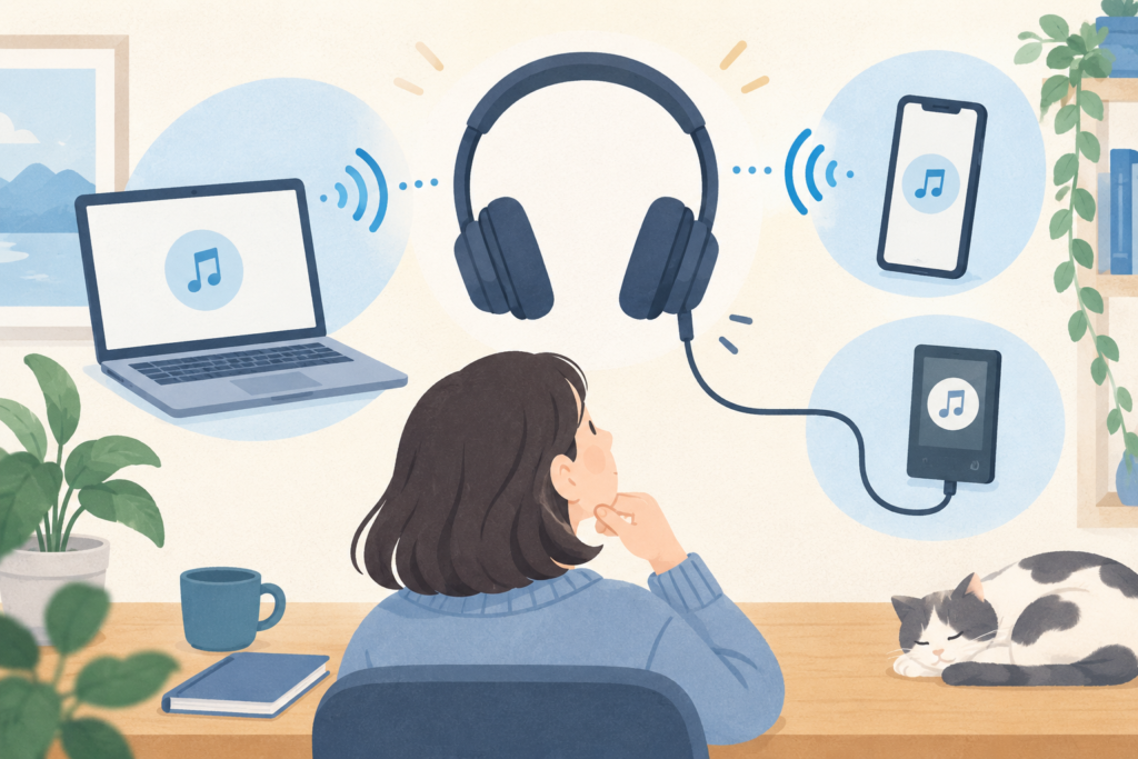 机に座る人と、ヘッドホンをパソコン・スマートフォン・音楽プレーヤーにつなぐイラスト
