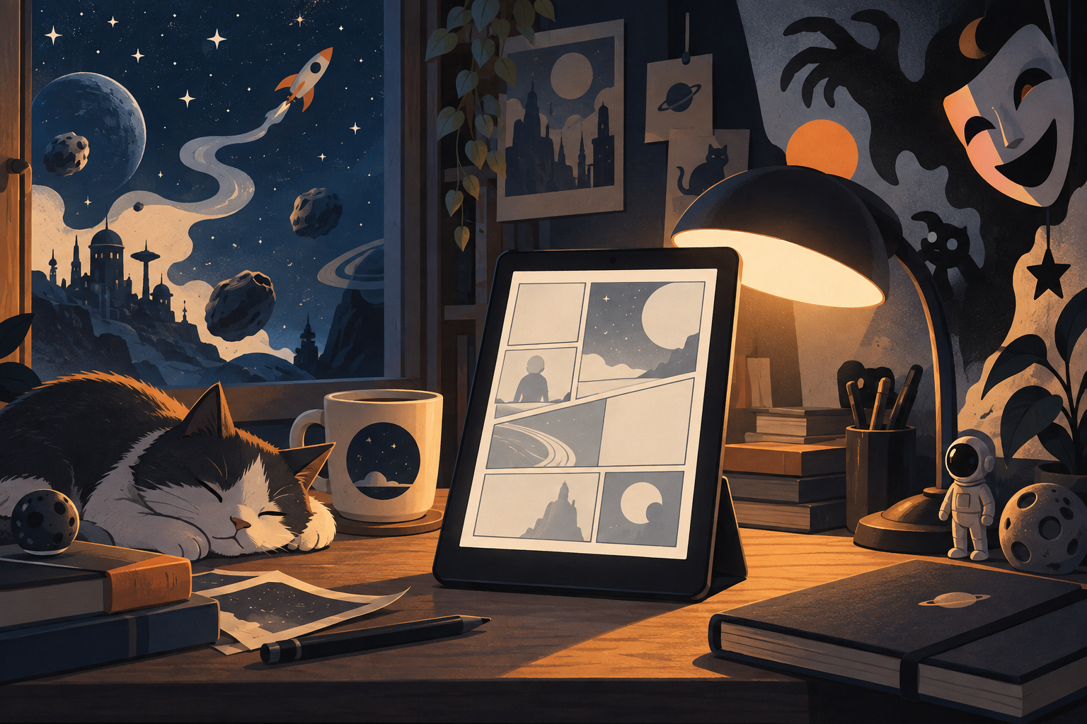 宇宙とブラックユーモアの物語を読む電子書籍リーダーと夜の読書机