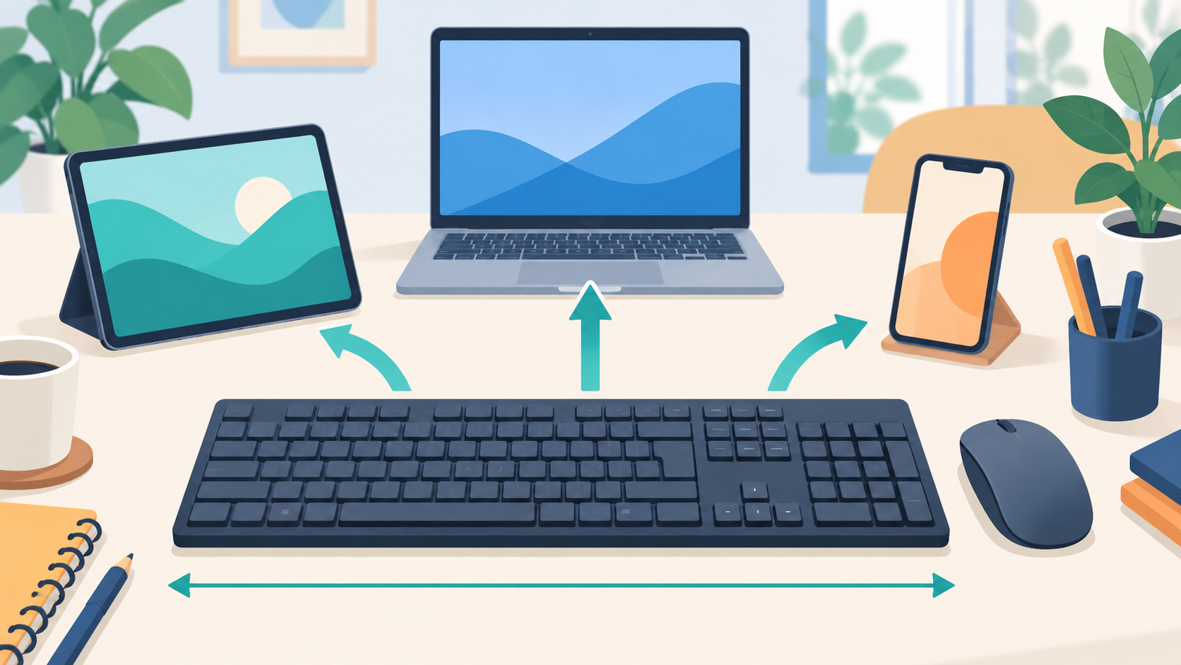 テンキー付きキーボードからノートPC、タブレット、スマートフォンへ切替矢印を伸ばした机のイラスト