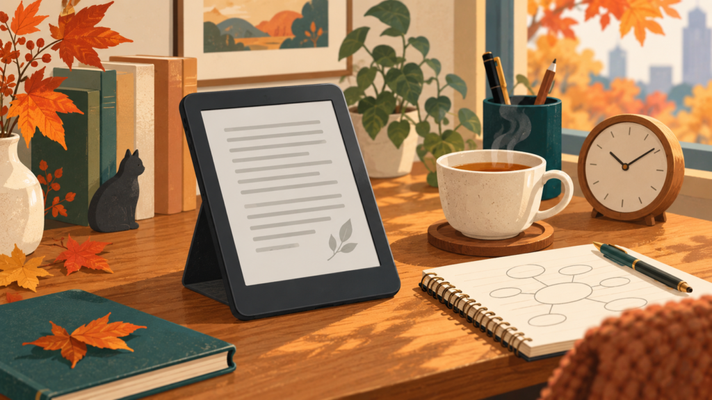 紅葉の見える机に電子書籍リーダー、図を書いたノート、お茶と時計を並べたイラスト