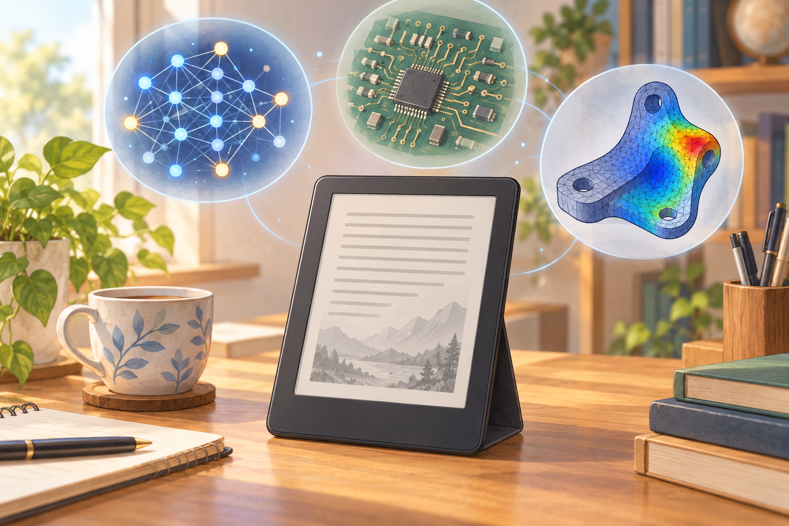 電子書籍端末と機械学習・電子回路・設計解析を表すイラスト
