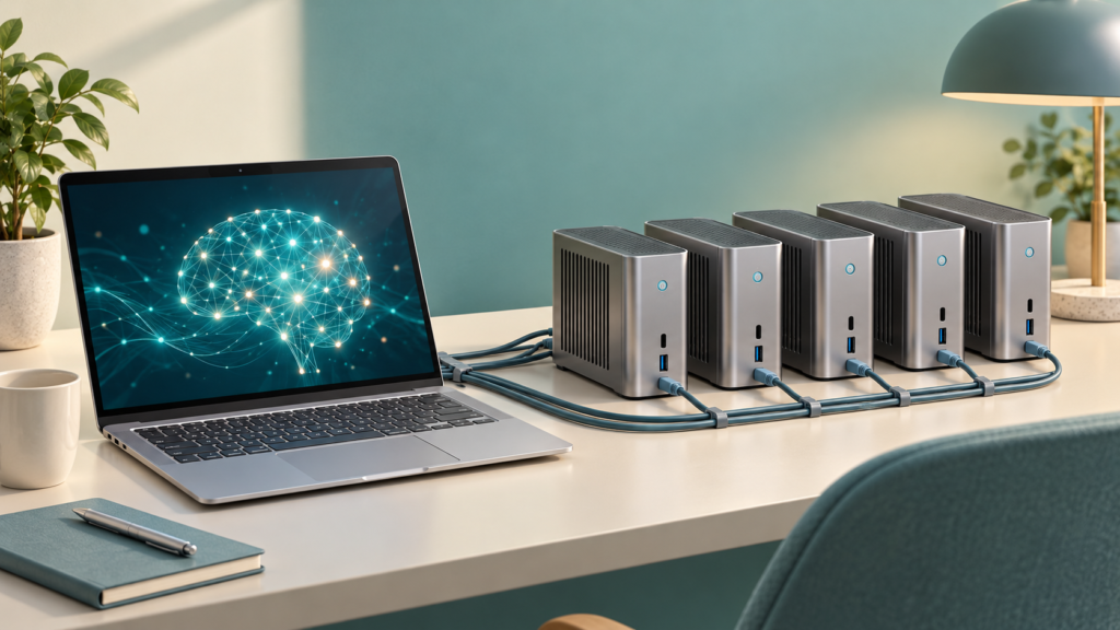 ノートPCとネットワークで接続した小型PC5台によるローカルAI環境の生成イメージ