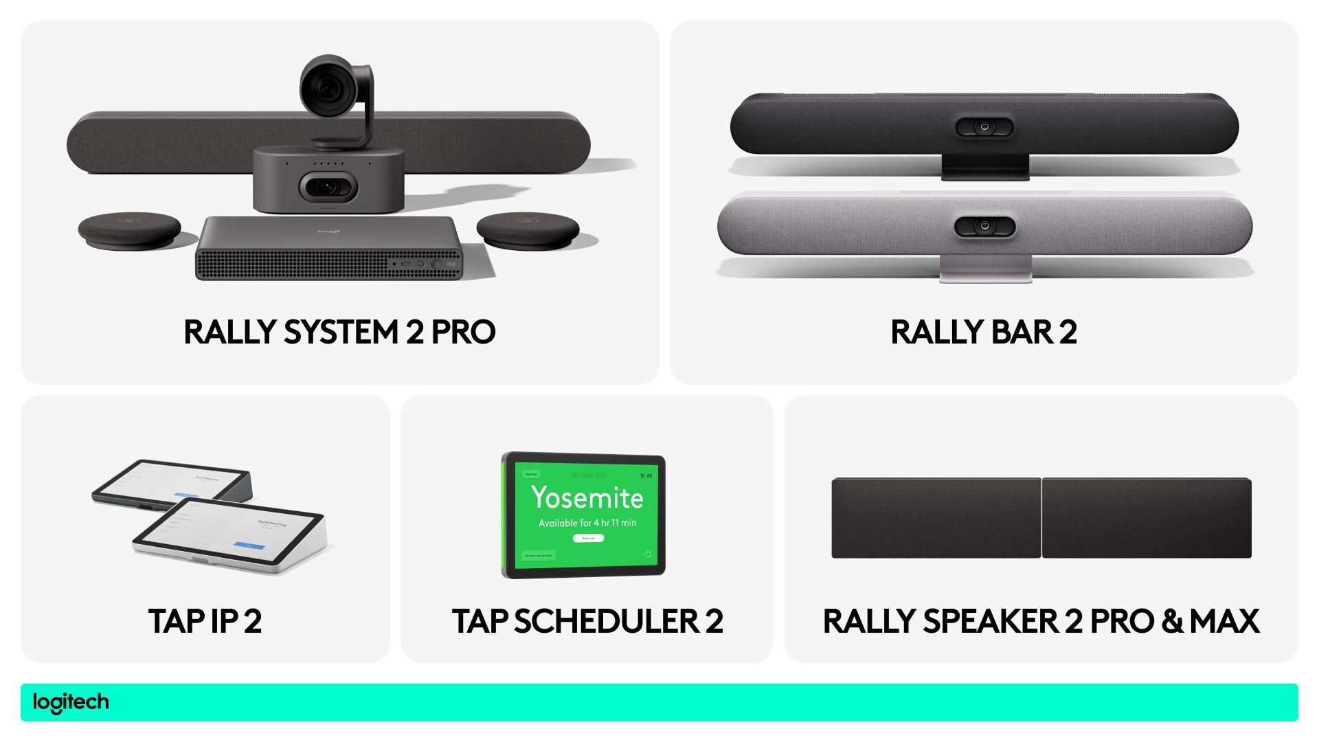 LogitechのRally System 2 Pro、Rally Bar 2、Tap IP 2、Tap Scheduler 2、Rally Speaker 2 ProとMaxの公式製品画像