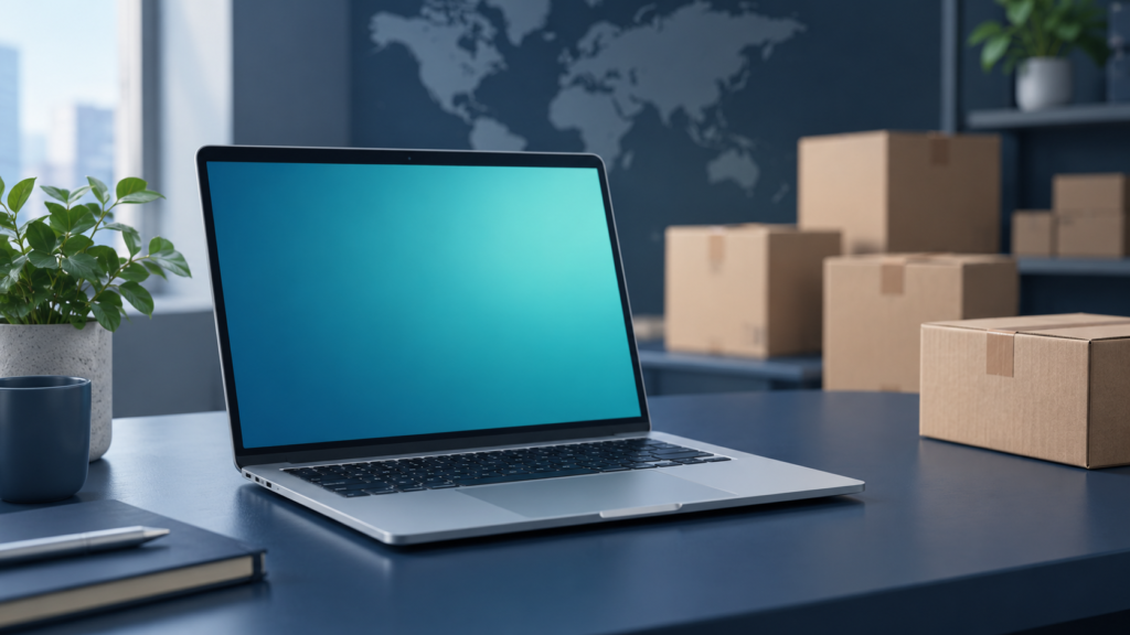 銀色のノートPCと配送用の箱を描いた、Mac出荷統計の記事用の生成イメージ