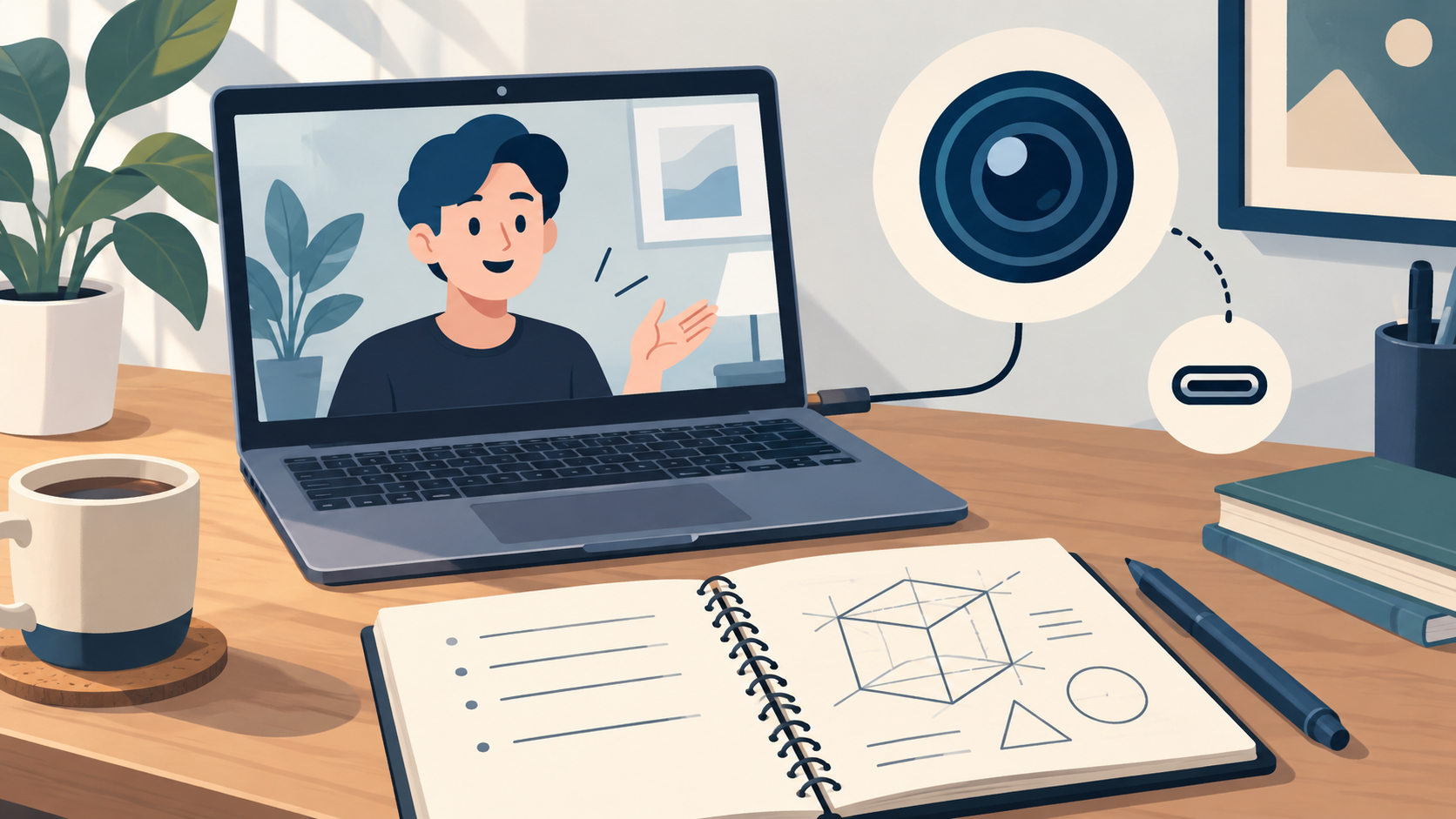 オンライン会議中のノートPCと図を書いたノート、カメラレンズとUSB-C端子のイラスト