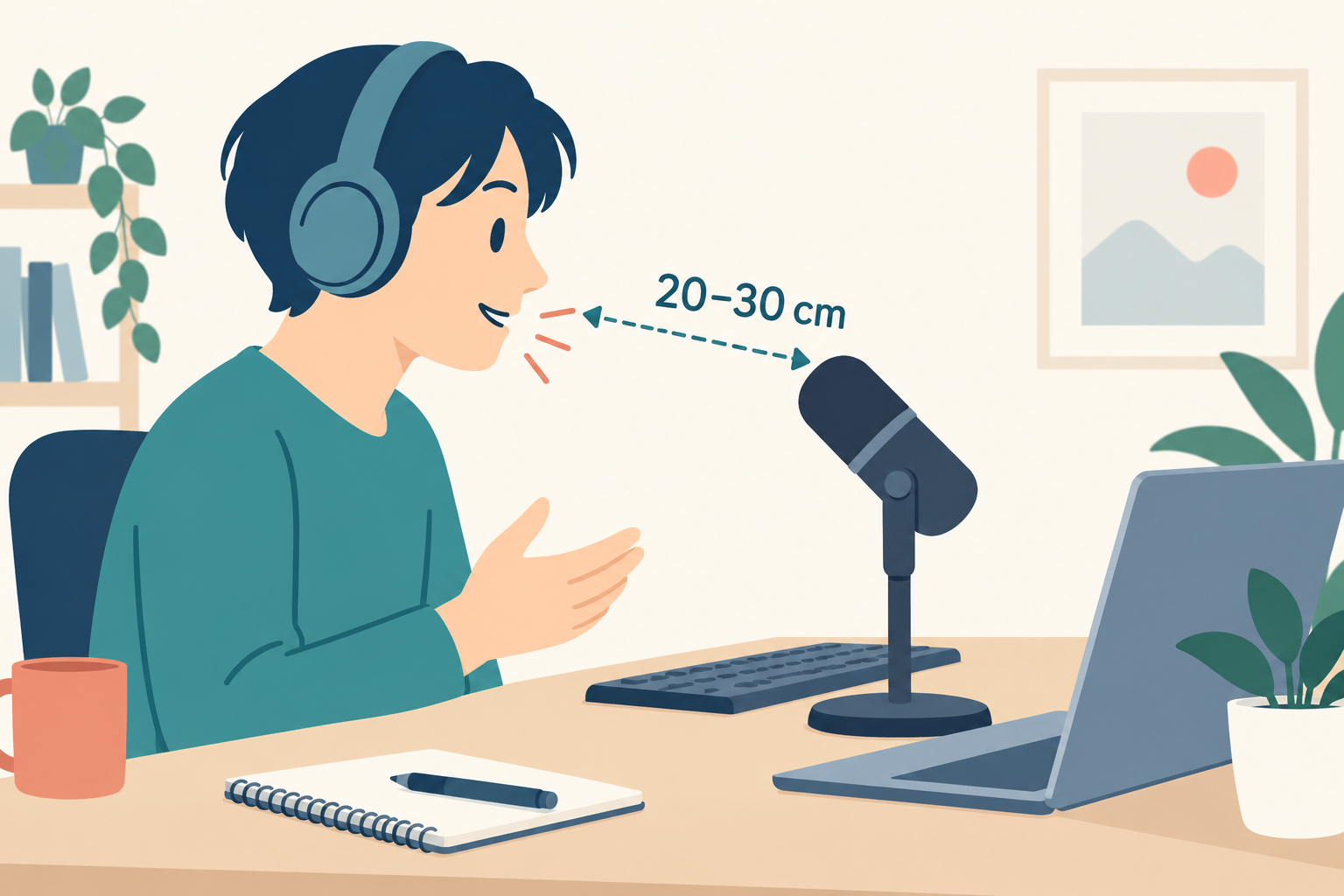ヘッドホンを着けた人と卓上マイクの間に20~30cmの距離を示したイラスト