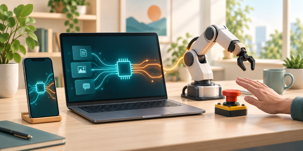 ノートPCとスマートフォンのAI計算、ロボットアームと停止ボタンを表す生成イメージ